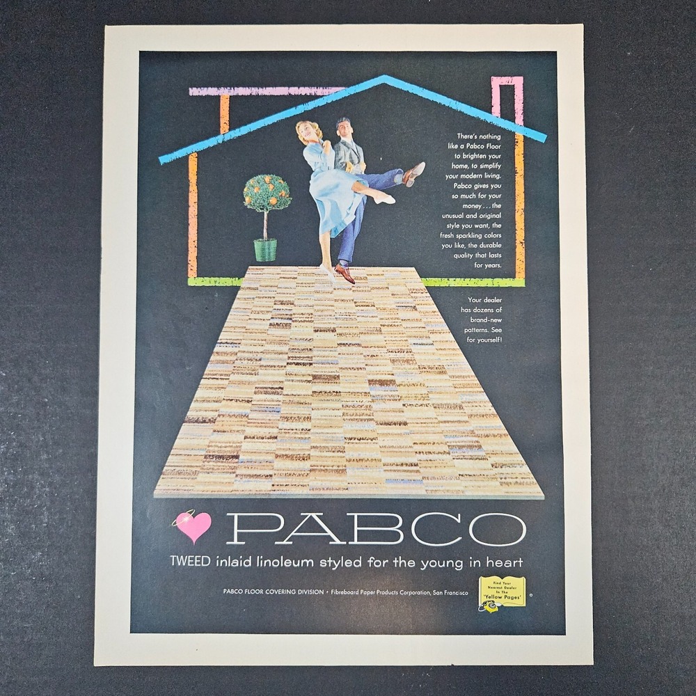 1957 Pabco Tweed Inlaid Linoleum Vintage Print Ad Dancing Couple Fibreboard Corp